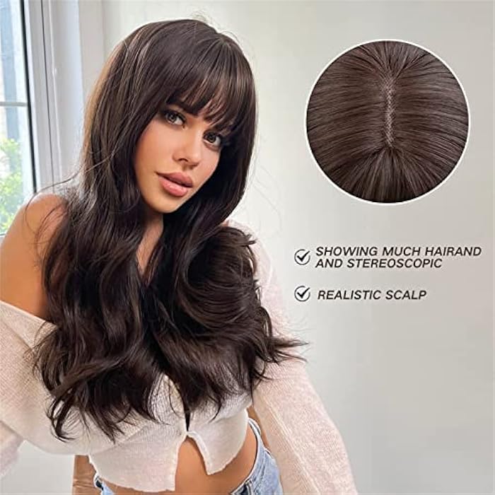 Arabest Long Wave Wigs with Bangs, Natural Curly Wavy Hair Brown Color Synthetic Wigs with Neat Bangs, Can Modify Heat Resistant Weave Wigs, Women Wigs for Daily Party Cosplay - Image 2